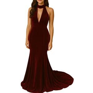 Romantic Red Velvet Evening Gown V-Neck Halter Maxi Dress XS Hollywood Glam